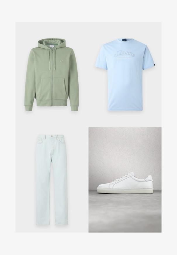 Haut à capuche zippé vert clair en tissu doux. Comprend une capuche avec cordon de serrage, des poches kangourou et un petit logo sur la poitrine.; Ellesse QUESCO TEE - T-shirt imprimé - light blue; Jean droit bleu clair en denim, avec fermeture à bouton, décoloration subtile et design à cinq poches.; Sneaker blanche avec une tige en cuir lisse et un profil bas. Présente un bout arrondi, six œillets et une semelle en caoutchouc texturé.