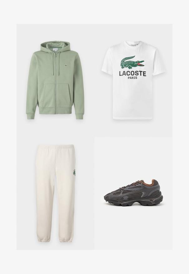 Hellgrünes Reißverschluss-Hoodie aus weichem Material. Verfügt über eine Kordelzugkapuze, Kängurutaschen und ein kleines Logo auf der Brust.; Lacoste T-Shirt print - white; Helle beige Sweatpants aus Baumwolle mit einem elastischen Bund, gerippten Bündchen und einem grünen Logo mit Blattdesign am linken Bein.; Lacoste Sneaker in Dunkelgrau aus Mesh und Synthetikmaterial, mit einer strukturierten Sohle und braunen Akzenten am Kragen und Logo.