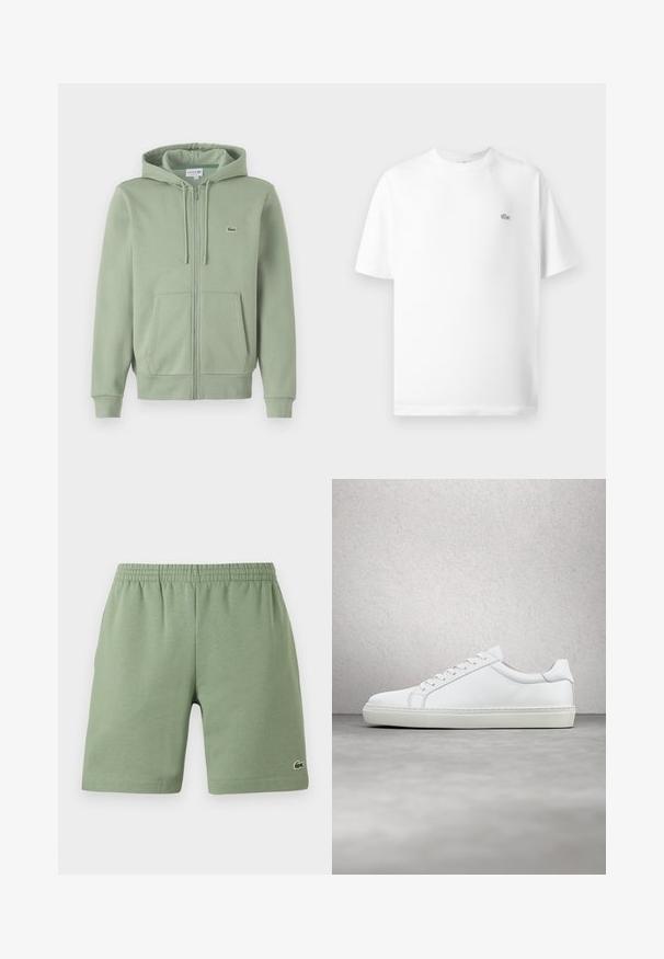 Lichtgroene rits hoodie gemaakt van zachte stof. Bevat een capuchon met trekkoord, marsupiao pockets en een klein logo op de borst.; Witte katoenen t-shirt met een ronde hals en korte mouwen. Bevat een klein zwart Lacoste-logo aan de linkerkant van de borst.; Groene katoenen shorts met een elastische tailleband, ontspannen pasvorm en een klein geborduurd logo aan de onderkant aan de linkerzijde. Gladde textuur, geen zakken.; Witte sneaker met een gladlederen bovenwerk en een laag profiel. Voorzien van een ronde neus, zes vetergaatjes en een gestructureerde rubberen zool.