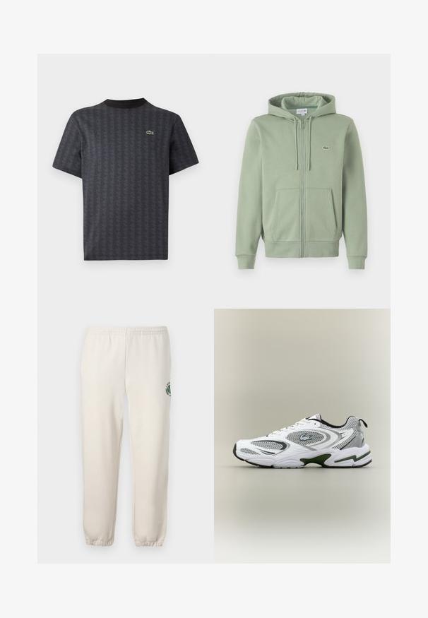 Lys grøn zip-up hoodie lavet af blødt stof. Har en hætte med snoretræk, kenguruposer og et lille logo på brystet.; Sort kortærmet t-shirt med et geometrisk mønster og et grønt krokodille-logo, med en ensfarvet sort rund hals.; Lys beige sweatpants lavet af bomuld, med elastisk talje, ribbede mansjetter og et grønt logo med bladdesign på venstre ben.; Hvid og grå sporty løbesko med mesh-paneler, grønne detaljer, sorte elementer og et logo på siden, vist fra ydersiden.