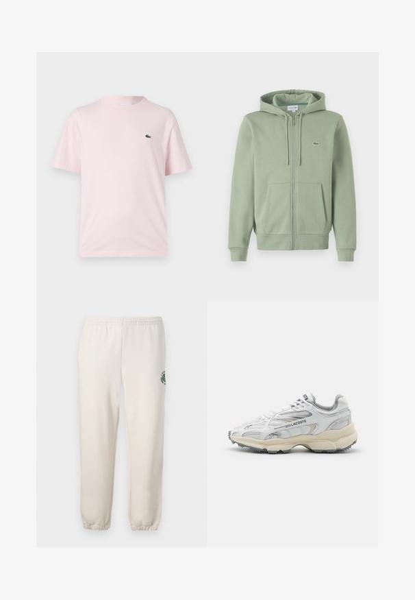 Sudadera con cremallera de color verde claro, hecha de tejido suave. Presenta una capucha con cordones, bolsillos tipo canguro y un pequeño logo en el pecho.; Camiseta de algodón de color rosa claro con mangas cortas. Presenta un pequeño logo bordado en verde en el lado izquierdo del pecho. Diseño de cuello redondo.; Pantalones de chándal de color beige claro, hechos de algodón, con una cinturilla elástica, puños acanalados y un logo verde con diseño de hoja en la pierna izquierda.; Zapatillas deportivas blancas con detalles en gris, parte superior de malla y sintético, diseño de cordones, y suela de goma texturizada con patrones de tracción.