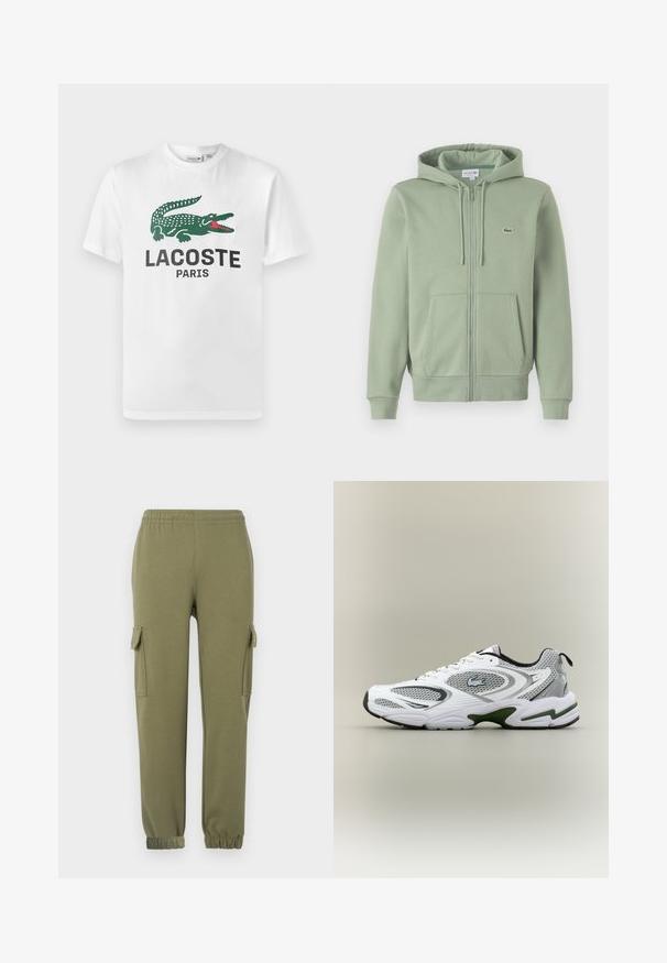 Vihreä vetoketjuhuppari, joka on valmistettu pehmeästä kankaasta. Siinä on narukiristus, kengurutaskut ja pieni logo rinnassa.; Lacoste Printtipaita - white; Vihreät cargo-housut kevyestä kankaasta, joissa on sivutaskut, joustava vyötärö ja kapenevat hihnat tiukkaan istuvuuteen.; Valkoiset ja harmaat urheilulliset juoksukengät, joissa on verkkomaiset paneelit, vihreät yksityiskohdat, mustat yksityiskohdat ja logo sivulla, kuvattuna ulkosivusta.