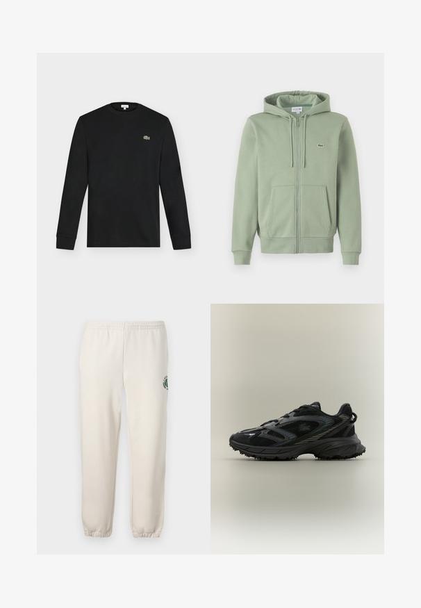 Hellgrünes Reißverschluss-Hoodie aus weichem Material. Verfügt über eine Kordelzugkapuze, Kängurutaschen und ein kleines Logo auf der Brust.; Schwarzes Langarmshirt mit Rundhalsausschnitt und kleinem grünen Krokodil-Logo auf der linken Brust, vor einem einfarbigen hellen Hintergrund dargestellt.; Helle beige Sweatpants aus Baumwolle mit einem elastischen Bund, gerippten Bündchen und einem grünen Logo mit Blattdesign am linken Bein.; Schwarzer Sportschuh mit Netz панели, einer strukturierten Sohle, Schnürsenkeln und einer geschwungenen Silhouette mit silbernen Akzenten an den Seiten.