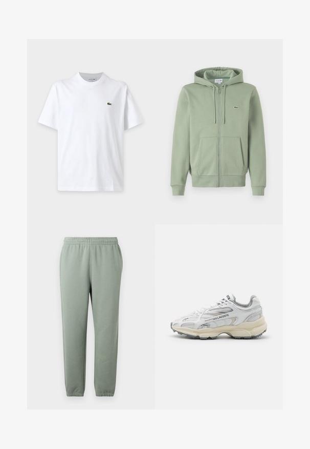 Lichtgroene rits hoodie gemaakt van zachte stof. Bevat een capuchon met trekkoord, marsupiao pockets en een klein logo op de borst.; Effen wit T-shirt met korte mouwen, ronde hals en klein groen krokodillenlogo op de linkerborst.; Lichtgroene sweatpants met een elastische tailleband, taps toelopende pijpen en opgerolde enkelboorden. Gemaakt van zachte, lichte stof.; Witte sportieve schoenen met grijze accenten, bovenwerk van mesh en synthetisch materiaal, vetersluiting en een geprofileerde rubberen zool met looppatronen.