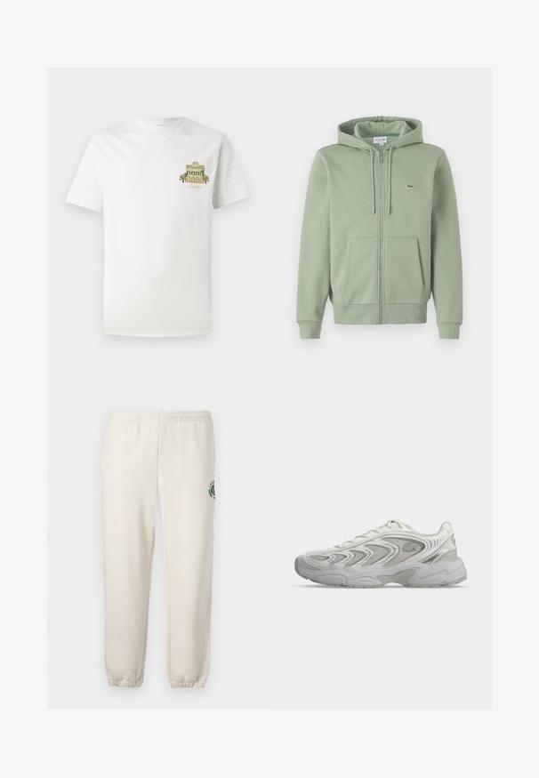 Lys grøn zip-up hoodie lavet af blødt stof. Har en hætte med snoretræk, kenguruposer og et lille logo på brystet.; Hvid bomulds T-shirt med et lille broderet design af en bygning med palmer. Kortærmet og med rund hals.; Lys beige sweatpants lavet af bomuld, med elastisk talje, ribbede mansjetter og et grønt logo med bladdesign på venstre ben.; Hvid atletisk sneaker med bølgemønstre, meshpaneler og tyk polstret sål, vist fra siden på en ensfarvet lys baggrund.