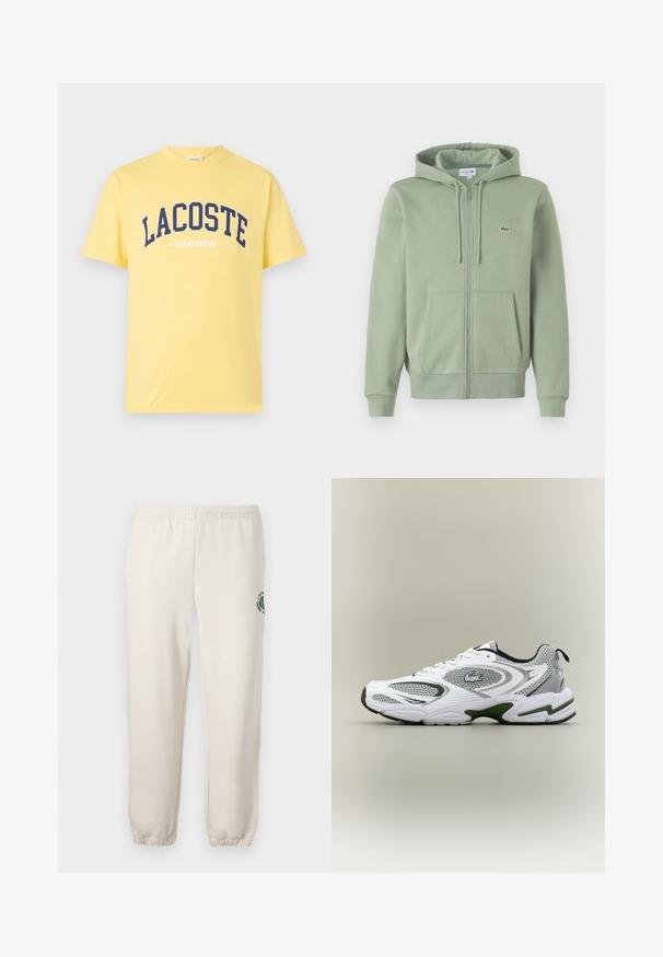 Lys grøn zip-up hoodie lavet af blødt stof. Har en hætte med snoretræk, kenguruposer og et lille logo på brystet.; Gul bomulds T-shirt med navy blå "LACOSTE" logo og "SPORTSWEAR" tekst nedenfor. Enkel design med rund hals og korte ærmer.; Lys beige sweatpants lavet af bomuld, med elastisk talje, ribbede mansjetter og et grønt logo med bladdesign på venstre ben.; Hvid og grå sporty løbesko med mesh-paneler, grønne detaljer, sorte elementer og et logo på siden, vist fra ydersiden.