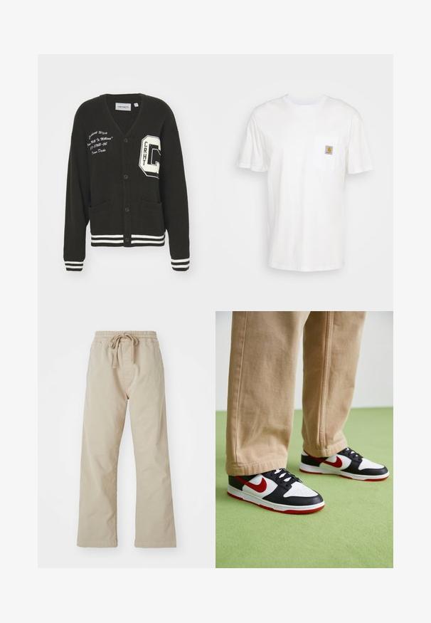 Cárdigan negro con escote en V, frente abotonado, dos bolsillos, acentos blancos y detalles de logo bordado en el pecho y la manga. Material de lana.; Camiseta de algodón blanca con mangas cortas, un bolsillo en el pecho y un pequeño parche cuadrado de logo en naranja y blanco en el bolsillo.; Pantalones de algodón beige con cintura elástica y cordón ajustable. Diseño de pierna recta, textura suave y sin patrones o acentos visibles.; Las zapatillas Nike Dunk presentan un diseño de cuero negro con acentos rojos y un swoosh blanco. La suela es roja, con una puntera blanca texturizada.