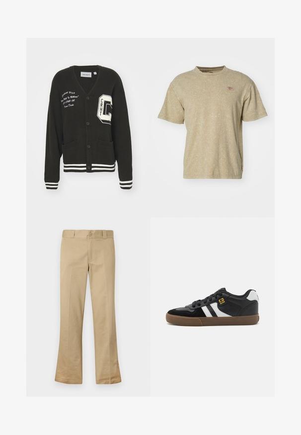 Cárdigan negro con escote en V, frente abotonado, dos bolsillos, acentos blancos y detalles de logo bordado en el pecho y la manga. Material de lana.; Camiseta de manga corta, color marrón claro, fabricada en un tejido suave y texturizado. Presenta un pequeño parche de logo en el pecho y un clásico escote redondo.; Pantalones acampanados beige fabricados con una mezcla de algodón, que cuentan con un cierre de botón, pasadores para cinturón y un frente plano con textura suave.; Zapatillas en blanco y negro con parte superior de ante y cuero, que presentan franjas blancas, cordones negros y una suela de goma marrón. Acentos de logo dorados.