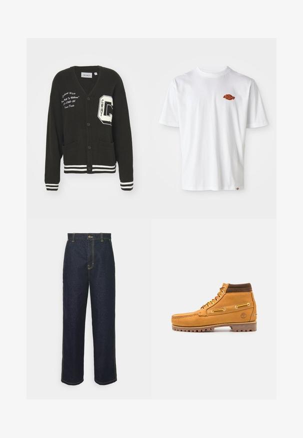 Cárdigan negro con escote en V, frente abotonado, dos bolsillos, acentos blancos y detalles de logo bordado en el pecho y la manga. Material de lana.; Camiseta de algodón blanca con mangas cortas, que presenta un pequeño logo naranja y negro de "Dickies" en el área del lado izquierdo del pecho.; Jeans de mezclilla oscuros de pierna ancha con costuras amarillas, que cuentan con un cierre frontal de botón y bolsillos laterales. Textura suave y diseño tradicional.; Timberland AUTHENTIC MID LACE BOOT - Botines con cordones - wheat