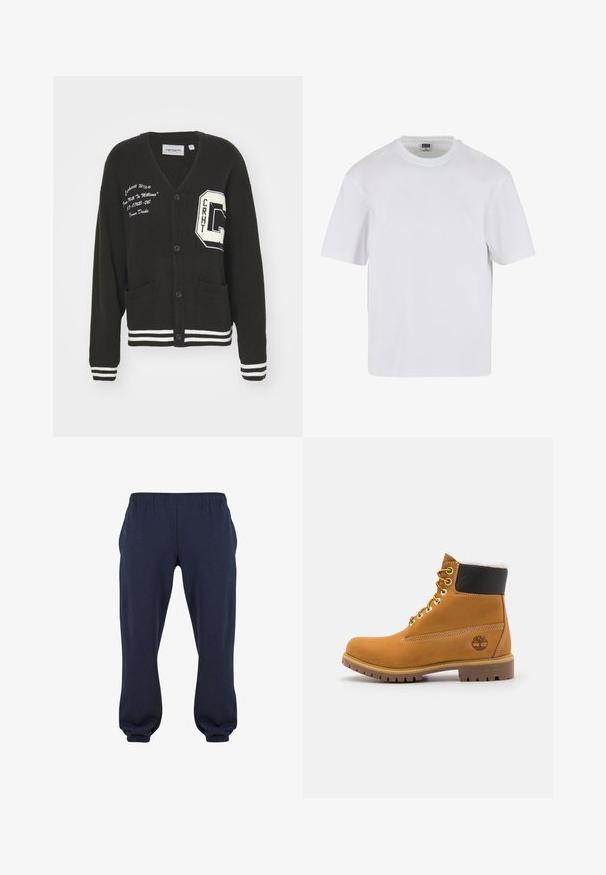Cárdigan negro con escote en V, frente abotonado, dos bolsillos, acentos blancos y detalles de logo bordado en el pecho y la manga. Material de lana.; Camiseta blanca de manga corta hecha de algodón. Presenta un cuello redondo y un ajuste holgado. Textura suave, diseño minimalista, sin patrones ni adornos.; Pantalones sudadera azul marino con cintura elástica y puños ajustados, confeccionados en tela suave, sin patrones ni herrajes visibles.; Botín de cuero marrón con ojales de metal, forro de piel sintética blanca, cuello acolchado negro, suela resistente y logotipo en relieve en el costado.