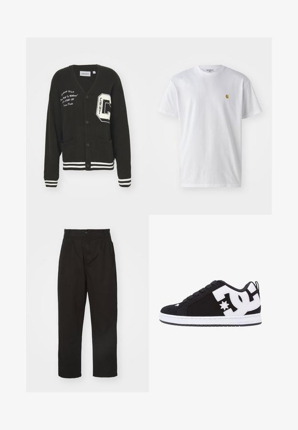 Cárdigan negro con escote en V, frente abotonado, dos bolsillos, acentos blancos y detalles de logo bordado en el pecho y la manga. Material de lana.; Camiseta de algodón blanca con mangas cortas, cuello redondo, que presenta un pequeño logo dorado en la parte izquierda del pecho. Textura suave y corte regular.; Pantalones negros de tela suave, con cierre de botón, corte recto y dos pliegues frontales que añaden detalle.; Zapatilla negra con acentos y logotipo blanco. Presenta puntera redonda, suela acolchada, cordones planos y material superior liso. Vista lateral.