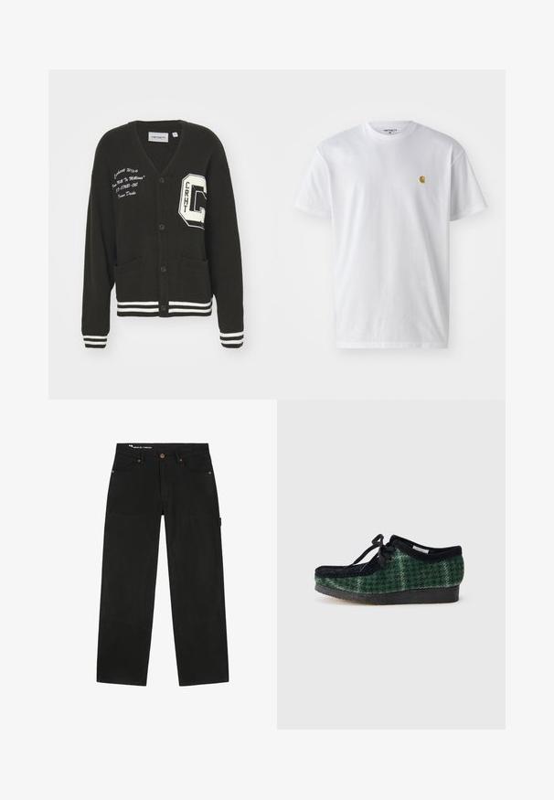 Cárdigan negro con escote en V, frente abotonado, dos bolsillos, acentos blancos y detalles de logo bordado en el pecho y la manga. Material de lana.; Camiseta de algodón blanca con mangas cortas, cuello redondo, que presenta un pequeño logo dorado en la parte izquierda del pecho. Textura suave y corte regular.; Pantalones de trabajo negros de pierna recta con parches reforzados en las rodillas, remaches de cobre, trabillas para cinturón, bolsillos delanteros y un lazo lateral para herramientas en la pierna derecha.; Zapatos de patrón verde y negro con parte superior de ante, que presentan una puntera redondeada, cordones y una suela de goma texturizada.