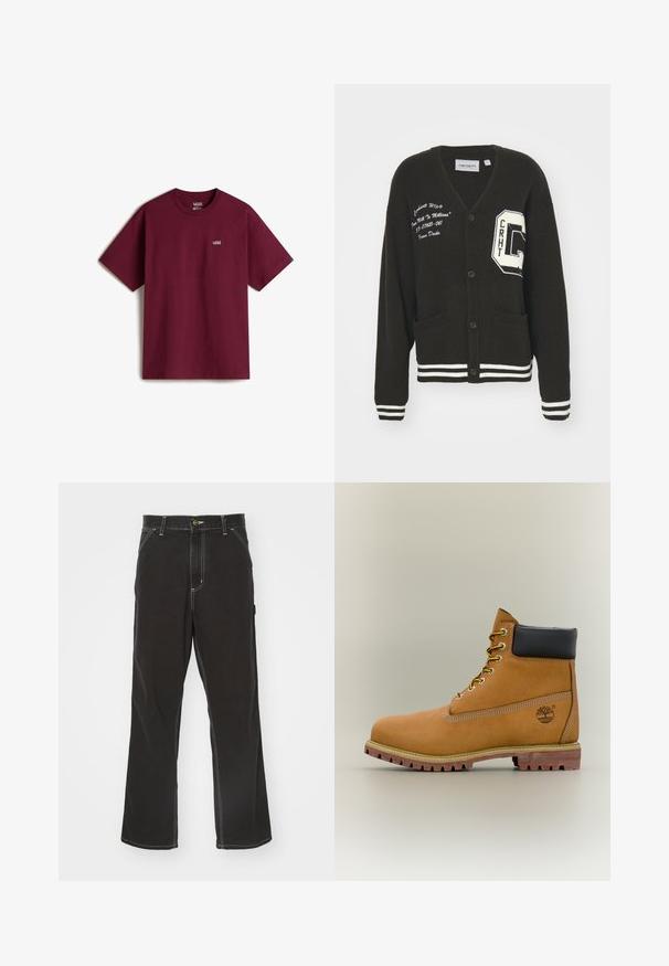 Cárdigan negro con escote en V, frente abotonado, dos bolsillos, acentos blancos y detalles de logo bordado en el pecho y la manga. Material de lana.; Camiseta de algodón marrón con mangas cortas, escote redondo y pequeño logo blanco de Vans en el pecho izquierdo. Textura suave, corte holgado.; Pantalones de mezclilla negros con corte recto, costuras blancas en contraste, bolsillos frontales y cierre de botón en la cintura.; Bota de tobillo de cuero marrón con cuello negro, cordones amarillos y suela beige. Presenta un logotipo y detalles de costura blanca. Suela exterior con tracción robusta.