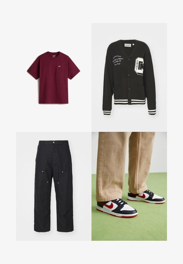 Cárdigan negro con escote en V, frente abotonado, dos bolsillos, acentos blancos y detalles de logo bordado en el pecho y la manga. Material de lana.; Camiseta de algodón marrón con mangas cortas, escote redondo y pequeño logo blanco de Vans en el pecho izquierdo. Textura suave, corte holgado.; Pantalones negros de una tela texturizada, con una cintura alta, corte holgado y bolsillos frontales con herrajes de botón a presión en tono plateado.; Las zapatillas Nike Dunk presentan un diseño de cuero negro con acentos rojos y un swoosh blanco. La suela es roja, con una puntera blanca texturizada.