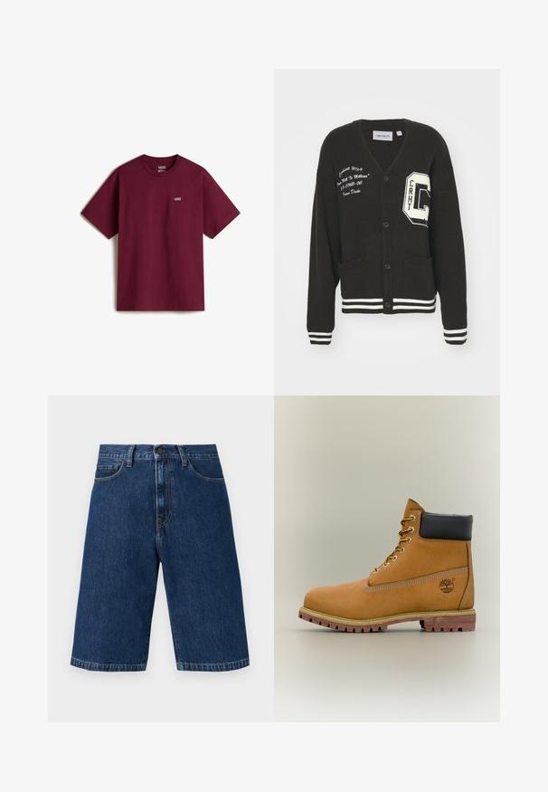 Cárdigan negro con escote en V, frente abotonado, dos bolsillos, acentos blancos y detalles de logo bordado en el pecho y la manga. Material de lana.; Camiseta de algodón marrón con mangas cortas, escote redondo y pequeño logo blanco de Vans en el pecho izquierdo. Textura suave, corte holgado.; Pantalones cortos de mezclilla azul oscuro hasta la rodilla con botón frontal, cremallera, trabillas para cinturón, dos bolsillos delanteros y costuras visibles naranjas.; Bota de tobillo de cuero marrón con cuello negro, cordones amarillos y suela beige. Presenta un logotipo y detalles de costura blanca. Suela exterior con tracción robusta.