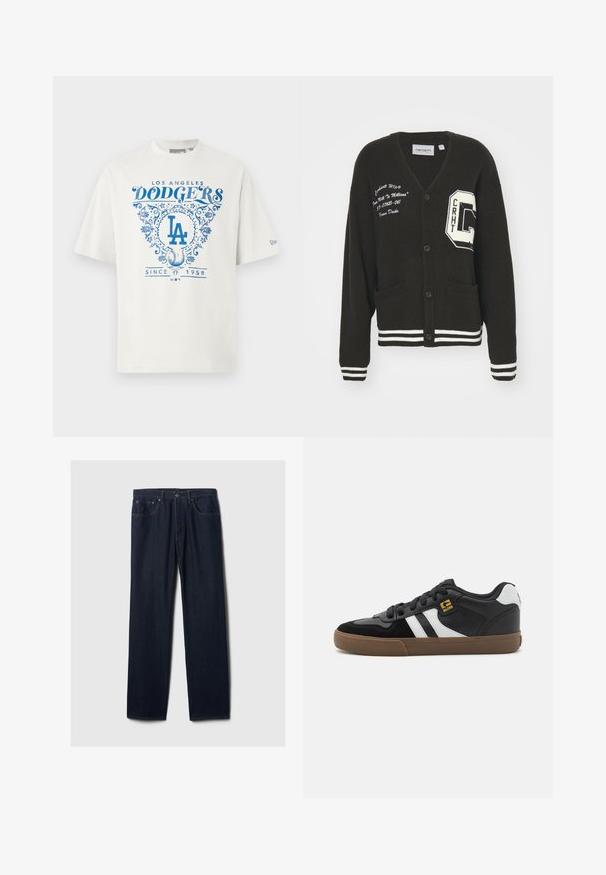 Cárdigan negro con escote en V, frente abotonado, dos bolsillos, acentos blancos y detalles de logo bordado en el pecho y la manga. Material de lana.; Camiseta de algodón blanca con texto gráfico azul "LOS ANGELES DODGERS" y "SINCE 1958" con acentos florales y el logo "LA" en el centro.; Vaqueros de mezclilla de pierna recta en azul oscuro con diseño de cinco bolsillos, cierre de botón y costuras visibles sobre un fondo claro.; Zapatillas en blanco y negro con parte superior de ante y cuero, que presentan franjas blancas, cordones negros y una suela de goma marrón. Acentos de logo dorados.