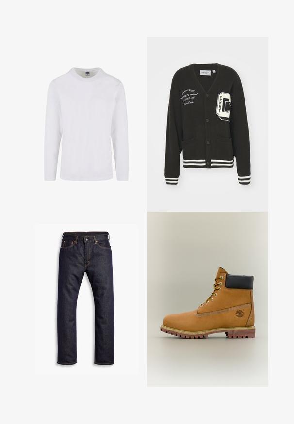 Cárdigan negro con escote en V, frente abotonado, dos bolsillos, acentos blancos y detalles de logo bordado en el pecho y la manga. Material de lana.; Camiseta de manga larga y cuello redondo en algodón blanco. Textura suave con un diseño simple y sin patrones o acentos visibles.; Jeans de mezclilla rectos de color azul oscuro con cinco bolsillos y costuras en contraste naranjas, presentados planos sobre un fondo blanco.; Bota de tobillo de cuero marrón con cuello negro, cordones amarillos y suela beige. Presenta un logotipo y detalles de costura blanca. Suela exterior con tracción robusta.
