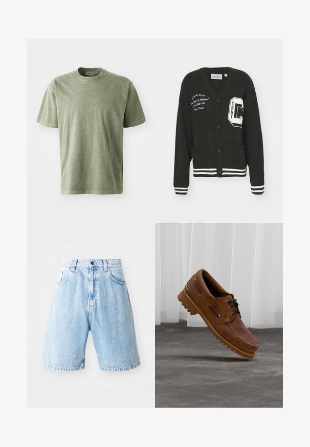 Cárdigan negro con escote en V, frente abotonado, dos bolsillos, acentos blancos y detalles de logo bordado en el pecho y la manga. Material de lana.; Camiseta de algodón verde oliva con mangas cortas, escote redondo y una textura sutil. Presenta una pequeña etiqueta de logo en el costado.; Shorts de mezclilla azul claro con talle alto, que cuentan con dos bolsillos frontales, un cierre de botón y detalles de dobladillo deshilachado. Diseño de ajuste casual.; Zapato náutico de cuero marrón con cordones negros, costuras beige y una suela resistente, suspendido sobre un suelo de hormigón gris.