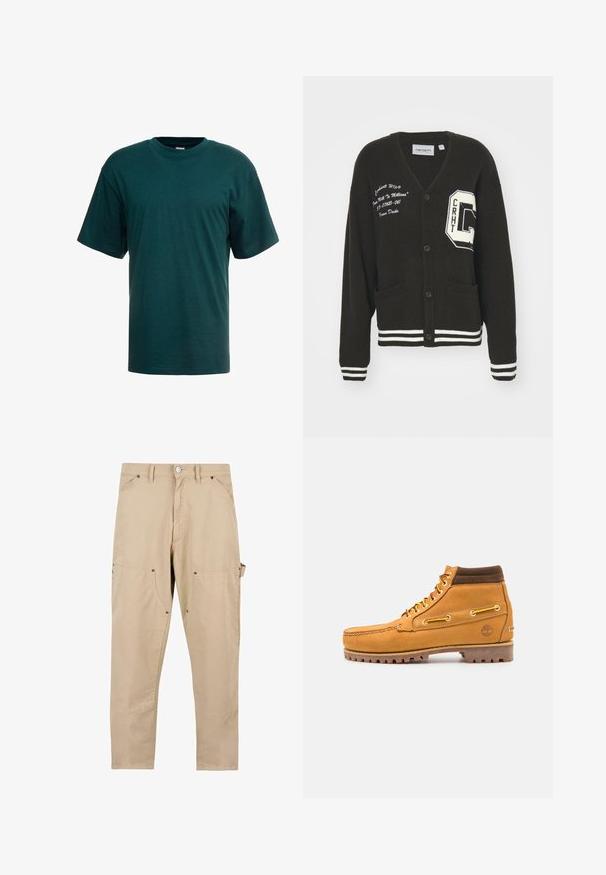 Cárdigan negro con escote en V, frente abotonado, dos bolsillos, acentos blancos y detalles de logo bordado en el pecho y la manga. Material de lana.; Camiseta de algodón verde oscuro con mangas cortas, escote redondo y un corte relajado. Textura suave sin patrones o acentos visibles.; Pantalones cargo beige de algodón. Presentan múltiples bolsillos, corte recto, y cierre de botón con detalles de herrajes metálicos.; Timberland AUTHENTIC MID LACE BOOT - Botines con cordones - wheat
