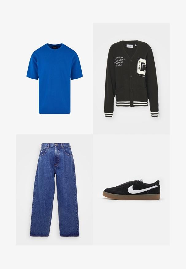 Cárdigan negro con escote en V, frente abotonado, dos bolsillos, acentos blancos y detalles de logo bordado en el pecho y la manga. Material de lana.; Camiseta azul de mangas cortas hecha de algodón, con un cuello redondo clásico y un corte relajado. Textura suave sin patrones ni acentos visibles.; Jeans de denim azul de pernera ancha con una cintura alta, que cuentan con cinco bolsillos, un cierre de botón y un ligero desgastado para dar textura.; Zapatillas de skate de ante negro con el logotipo de Nike en blanco, puntera redonda y suela de goma. Presentan un diseño con cordones planos y un collar acolchado.