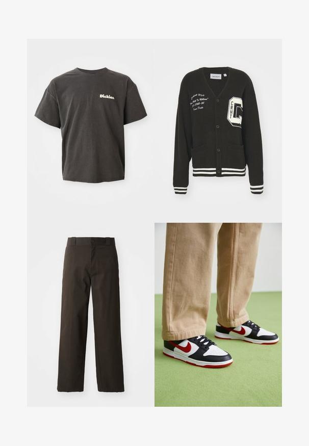 Cárdigan negro con escote en V, frente abotonado, dos bolsillos, acentos blancos y detalles de logo bordado en el pecho y la manga. Material de lana.; Camiseta de manga corta gris oscuro con el logo "Dickies." en blanco en el lado izquierdo del pecho, cuello redondo y corte relajado.; Pantalones de algodón negros con un diseño de pierna recta, que cuentan con un cierre de botón y una cinturilla clásica. Textura suave, sin patrones ni acentos.; Las zapatillas Nike Dunk presentan un diseño de cuero negro con acentos rojos y un swoosh blanco. La suela es roja, con una puntera blanca texturizada.