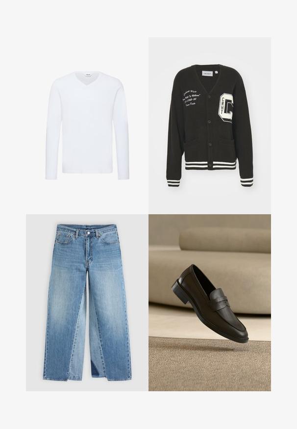 Cárdigan negro con escote en V, frente abotonado, dos bolsillos, acentos blancos y detalles de logo bordado en el pecho y la manga. Material de lana.; Camiseta blanca de manga larga y cuello en V, hecha de una suave mezcla de algodón. Presenta una textura lisa y un dobladillo recto con un detalle mínimo.; Vaqueros de mezclilla azul con pierna recta, diseño clásico de cinco bolsillos y cierre frontal con botones, mostrados planos sobre un fondo neutro.; Zapato mocasín de cuero negro descansando sobre una alfombra beige con un sofá beige curvado en el fondo.