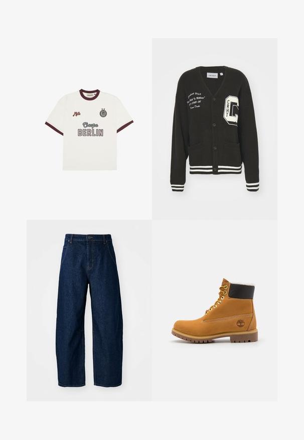 Cárdigan negro con escote en V, frente abotonado, dos bolsillos, acentos blancos y detalles de logo bordado en el pecho y la manga. Material de lana.; Camiseta blanca de manga corta con ribete burdeos, texto "Escape BERLIN" en el centro del frente, "Mitte" en el lado izquierdo del pecho y un emblema circular con dos estrellas en el lado derecho del pecho.; Vaqueros de mezclilla oscuros de pierna ancha con cintura alta, que cuentan con cinco bolsillos, cierre frontal con botones y detalles de costura visibles.; Botín de cuero marrón con ojales de metal, forro de piel sintética blanca, cuello acolchado negro, suela resistente y logotipo en relieve en el costado.