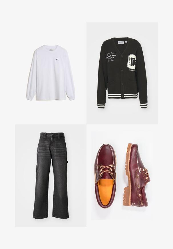 Cárdigan negro con escote en V, frente abotonado, dos bolsillos, acentos blancos y detalles de logo bordado en el pecho y la manga. Material de lana.; Camiseta de manga larga blanca hecha de algodón, con un pequeño gráfico de patineta negra en el lado izquierdo del pecho y puños acanalados.; Pantalones de mezclilla negros de pierna ancha, hechos de algodón suave con un acabado desgastado. Cuenta con un cierre de botón en la parte delantera y bolsillos laterales.; Zapatos de cuero burdeos con suelas de goma marrón, puntera redonda, costuras blancas y ojales dorados. El interior cuenta con un forro amarillo.