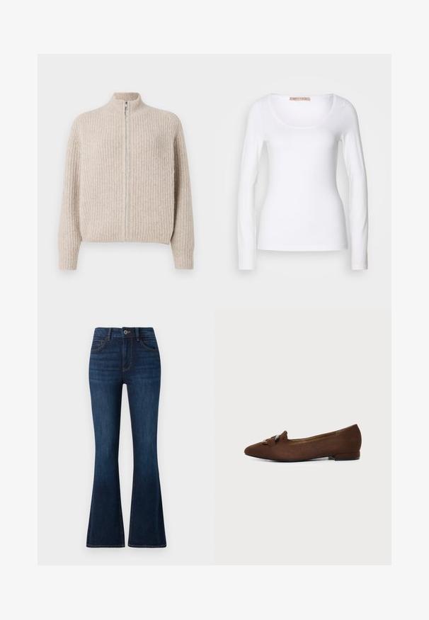 Beige zip-up sweater med ribbet tekstur, høj krave og lange ærmer. Har en sølvfarvet lynlås, hvilket giver et minimalistisk æstetik.; Langærmet hvid bomulds T-shirt med rund halsudskæring og tætsiddende design, med glat tekstur og uden udsmykninger.; TOM TAILOR STELLA darkblue; Brun flad sko med spids tå og dekorativ spændedetalje på toppen, sat mod en ensfarvet lys baggrund.