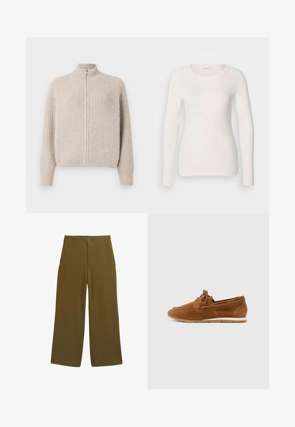 Beige zip-up sweater med ribbet tekstur, høj krave og lange ærmer. Har en sølvfarvet lynlås, hvilket giver et minimalistisk æstetik.; Hvid langærmet ribbet top med rund halsudskæring, glat tekstur og tætsiddende design. Subtile lodrette linjer skaber et strømlinet udseende.; Bredde benbukser i olivengrønt stof, med en glat tekstur og ingen synlige lukninger. Designet til en afslappet pasform med rene linjer.; Brun loafers i ruskind med snørede detaljer, hvid og tan gummisål, vist i profil på en ensfarvet lys baggrund.