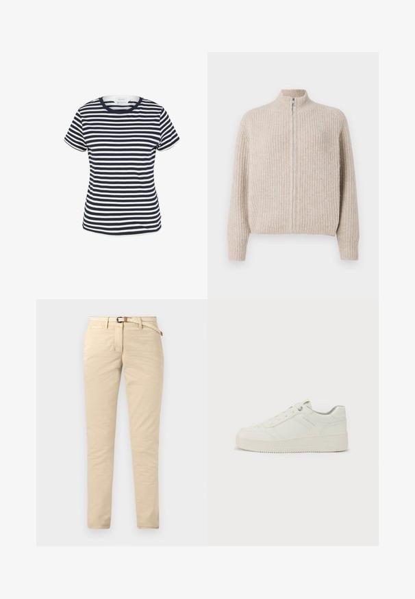 Beige Zip-Up-Pullover mit gerippter Textur, hohem Kragen und langen Ärmeln. Verfügt über einen silbernen Reißverschluss, der eine minimalistische Ästhetik verleiht.; Navy- und weiß gestreiftes T-Shirt aus Bio-Baumwolle, mit Rundhalsausschnitt und kurzen Ärmeln, mit geradem Saum am unteren Ende.; Beige Chinos aus Baumwolle mit glatter Textur, ausgestattet mit einem gewebten Gürtel und klassischen Taschen. Slim Fit mit geraden Beinen.; Weißer Sneaker mit glattem Ledermantel, runder Zehenpartie, sechs Ösen, gepolstertem Kragen und strukturiertem Gummisohle. Dezentes Markenlogo an der Seite.