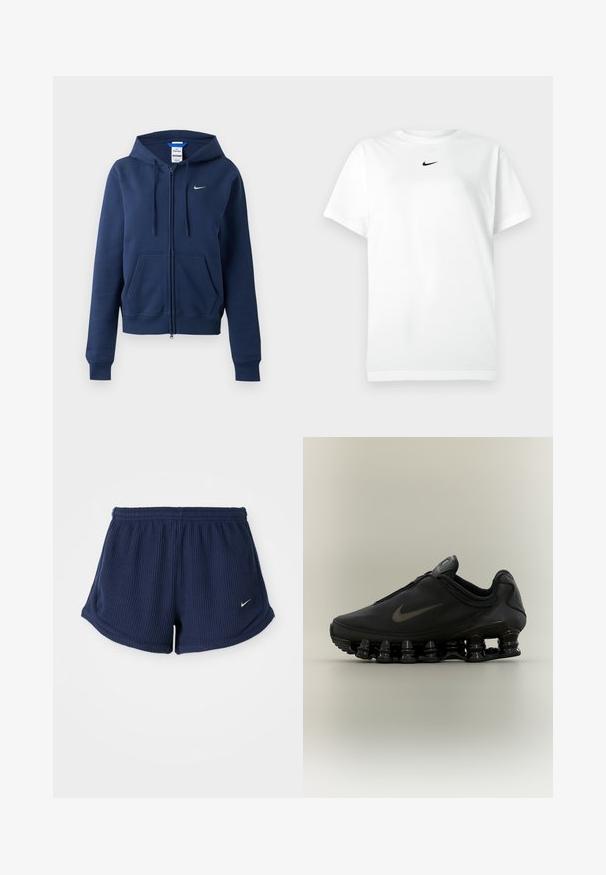 Sweat à capuche zippé bleu marine avec poches avant, capuche à cordon, poignets côtelés et petit logo blanc Nike sur la poitrine gauche.; T-shirt blanc à manches courtes avec col ras du cou, portant un petit logo Nike en forme de swoosh noir centré sous le col.; Shorts de sport en bleu marine, côtelés, avec une taille élastique, ornés d'un petit logo Nike blanc sur le bas. Tissu à texture douce.; Baskets Nike noires avec tige zippée et semelle segmentée distinctive en forme de ressort, présentées de profil sur un fond neutre.