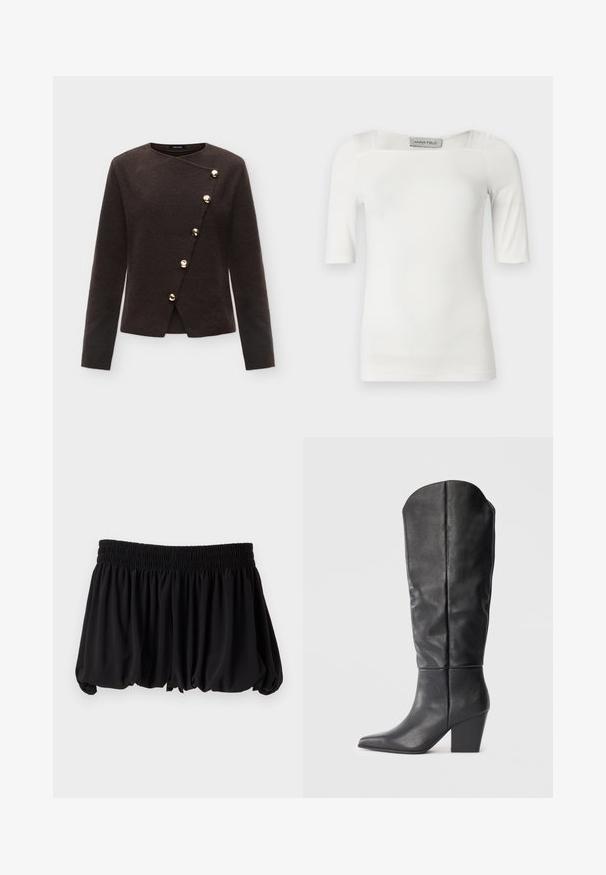 Veste marron foncé à manches longues avec un devant asymétrique et six boutons ronds dorés en ligne diagonale.; Haut blanc à manches courtes avec un décolleté carré, fabriqué dans un tissu lisse, présentant des détails discrets de coutures sur les épaules et les côtés.; Mini-jupe noire avec un ourlet bouffant et une large ceinture élastique froncée sur un fond clair uni.; Bottes noires en cuir, montant jusqu'au genou, avec un bout pointu et un talon épais. Le design présente une texture lisse et des lignes minimalistes.