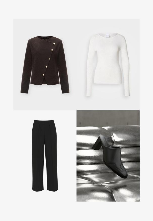 Chaqueta de manga larga color marrón oscuro con parte delantera asimétrica y seis botones redondos dorados en línea diagonal.; Camiseta blanca de manga larga en un tejido suave y ligero con escote redondo y ajuste slim, con una textura sutil.; Pantalones de pierna ancha negros con una cinturilla plana, que presentan pliegues delanteros y una textura suave. Sin bolsillos ni herrajes visibles.; Mula de cuero negro con tacón ancho descansando sobre una superficie plateada brillante acolchada, destacando su diseño elegante y detalles curvados.