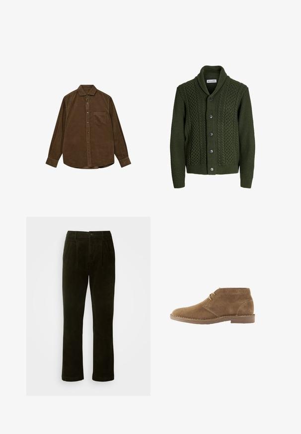 Mørkegrøn strikket cardigan med sjalskrave. Har teksturerede mønstre, fem knapper samt ribbede manchetter og kant.; Brun kordfløjls skjorte med lange ærmer, knap-ned krave, frontlomme og struktureret ribbet overflade. Har sølvfarvede knapper.; Mørkegrønne kordfløjlsbukser med lige ben, der har forkert folder, knaplukning og en blød tekstureret overflade.; Brun ruskind ankelhøj afslappet sko med to snørehuller og syet sål på hvid baggrund, set fra siden.