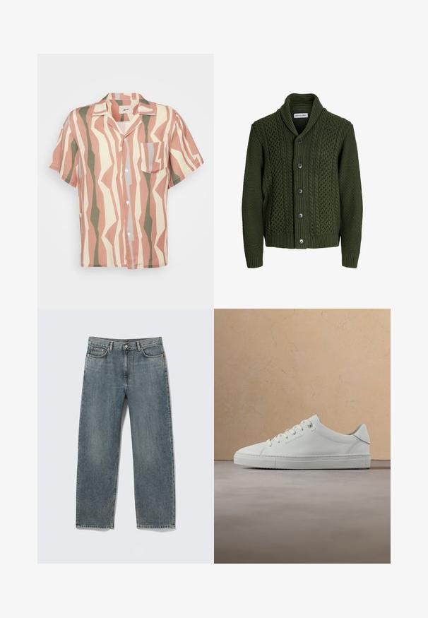 Mørkegrøn strikket cardigan med sjalskrave. Har teksturerede mønstre, fem knapper samt ribbede manchetter og kant.; Kortærmet button-up skjorte med et lyserødt, beige og grønt zigzag mønster; inkluderer en enkelt brystlomme og hvide knapper.; Blå straight-fit denimjeans med for- og baglommer, bæltestropper og knaplukning, vist fladt på hvid baggrund.; Hvid læderlav-top sneaker med snørebånd, placeret i luften over et struktureret beige tæppe, tæt på et rundt træ sofabord med bøger.