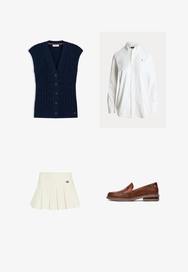 Gilet sans manches en maille torsadée bleu marine avec cinq boutons à l'avant et petit logo Tommy Hilfiger près de l'ourlet.; Chemise blanche à manches longues avec boutons, col boutonné et petit logo brodé de joueur de polo sur la poitrine gauche.; adidas Originals Minijupe - off white; Mocassin en cuir brun avec des détails cousus, un talon bas et une semelle en caoutchouc texturée. Présente un petit accent doré près du talon.