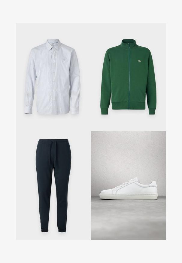 Grüne Reißverschlussjacke aus weichem Stoff, mit hohem Kragen und gerippten Bündchen. Lacoste-Logo auf der linken Brustseite.; Gestreiftes Langarmshirt aus einem hellblauen und weißen Baumwollgemisch. Verfügt über eine Knopfleiste, einen klassischen Kragen und ein kleines gesticktes Logo auf der Brust.; Dunkelblaue Sweatpants aus Baumwollmischung, mit elastischem Bund und Kordelzug sowie Bündchen an den Knöcheln. Kleines gelbes Logo-Detail.; Weißer Sneaker mit glattem Lederobermaterial und niedrigem Profil. Verfügt über eine runde Zehenpartie, sechs Ösen und eine strukturierte Gummisohle.