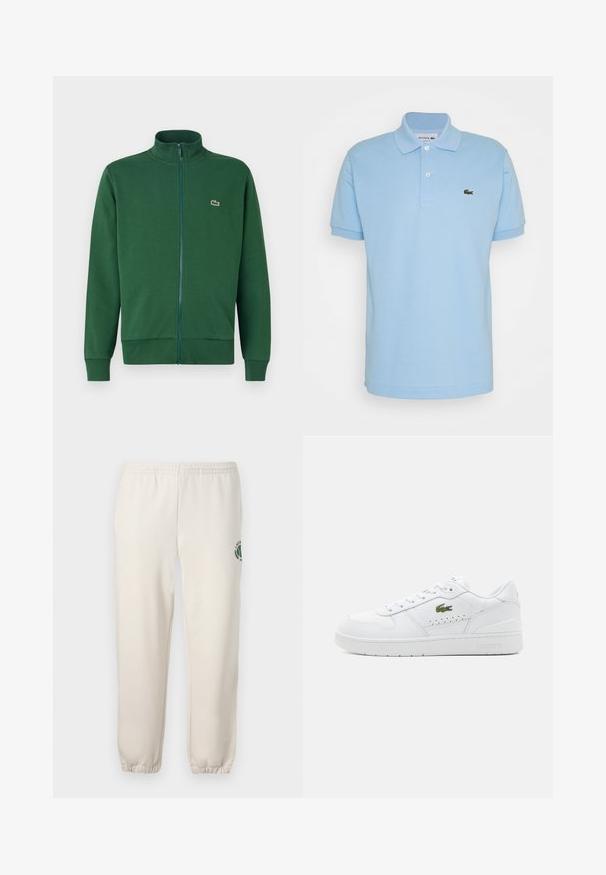 Zelená zipová bunda vyrobená z mäkkej tkaniny, s vysokým golierom a rebrovanými manžetami. Logo Lacoste zobrazené na ľavej strane hrudníka.; Svetlo modrá polo košeľa vyrobená z bavlny, s prehnutým golierom, tromi gombíkmi a zeleným vyšitým logom Lacoste na ľavej hrudi.; Svetlo béžové tepláky z bavlny s elastickým pásom, rebrovanými manžetami a zeleným logom s dizajnom listu na ľavej nohe.; Biele kožené tenisky s perforovanými detailmi, plochými šnúrkami a malým zeleným logom na bokoch. Gumová podrážka a polstrovaný golier pre pohodlie.
