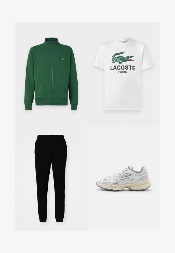 Grønne zip-up jakke lavet af blødt stof, med høj krave og ribbede manchetter. Lacoste-logoet vises på venstre brystområde.; Lacoste T-shirts print - white; Sorte sweatpants med elastisk talje og manchetter. Fremstillet af blødt stof med et lille logo på den øverste venstre side.; Hvide sportssko med grå detaljer, overdel i mesh og syntetiske materialer, snørebåndsdesign og tekstureret gummisål med grebemønstre.