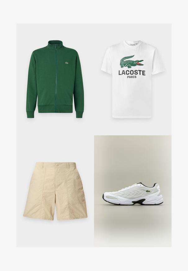 Roheline tõmblukuga jakker, mis on valmistatud pehmest kangast, kõrge krae ja soonikkoes varrukateotsadega. Lacoste logo on nähtav vasakul rindkere piirkonnas.; Lacoste Trükipildiga T-särk - white; Beezid lühikesed püksid tekstuurse viimistlusega, ees nupuga kinnitamine, kaks külgtaskut ja väike logo alumises paremas nurgas.; Valge sportlik king, millel on tekstureeritud võrgu pealisosa, kaardus disain ja kontrastne must tall. Külje peal on roheline tikandiga logo.