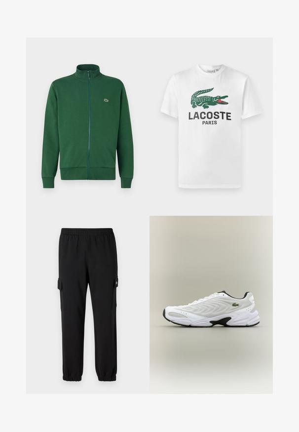 Zelená zipová bunda vyrobená z mäkkej tkaniny, s vysokým golierom a rebrovanými manžetami. Logo Lacoste zobrazené na ľavej strane hrudníka.; Lacoste Tričko s potlačou - white; Čierne tepláky s elastickým pásom, zúženými manžetami a bočnými cargo vreckami. Vyrobené z mäkkého materiálu s hladkou textúrou.; Biele atletické tenisky s textúrovaným sieťovinovým zvrškom, zakriveným dizajnom a kontrastnou čiernou podrážkou. S greennou vyšívanou nášivkou na boku.