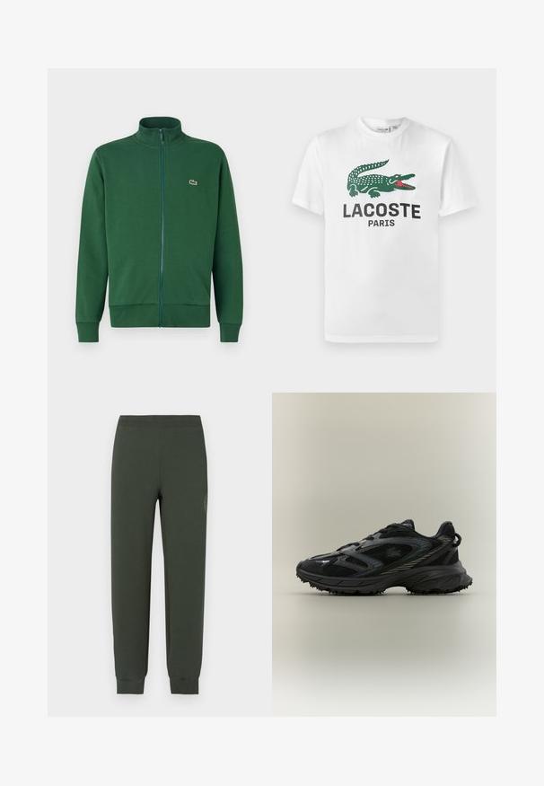 Roheline tõmblukuga jakker, mis on valmistatud pehmest kangast, kõrge krae ja soonikkoes varrukateotsadega. Lacoste logo on nähtav vasakul rindkere piirkonnas.; Lacoste Trükipildiga T-särk - white; Rohelised dressipüksid elastse vöö ja sääreotstega, millel on sile tekstuur ning toonitoonis logo vasakul reiel.; Must have musta, millel on võrgupaneelid, tekstuuriga talla, nöörid ja kõver siluett, millel on hõbedased aktsendid külgedel.
