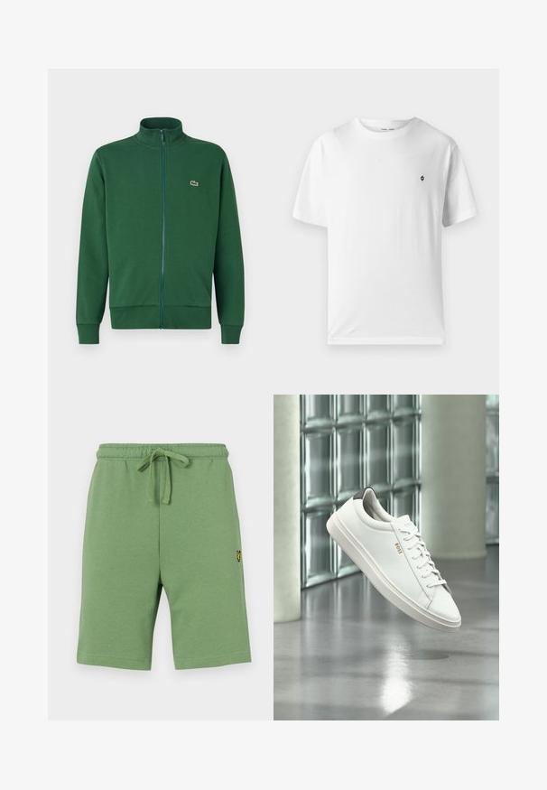 Chaqueta verde con cremallera hecha de tela suave, que presenta un cuello alto y puños acanalados. Logo de Lacoste en la parte izquierda del pecho.; Camiseta blanca de algodón con cuello redondo, mangas cortas y un pequeño logo negro en el pecho. Textura suave, corte casual.; Pantalones cortos de algodón verde con cintura elástica y cordón ajustable. Presenta un pequeño logo bordado amarillo en el lado izquierdo.; Zapatilla deportiva de piel blanca de corte bajo con cordones, lengüeta negra en el talón y logo "BOSS", flotando en interiores cerca de una pared de bloques de vidrio y suelo pulido.