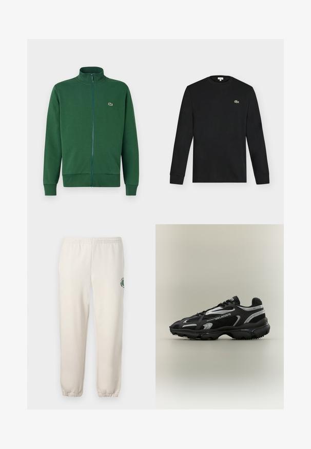 Vihreä vetskärillä varustettu takki, joka on valmistettu pehmeästä kankaasta. Takissa on korkea kaulus ja resorit hihansuissa. Lacoste-logo on sijoitettu vasemmalle rintataskulle.; Musta pitkähihainen pyöreäkauluksinen paita, jossa vasemmassa rinnassa pieni vihreä krokotiililogo, esitetty yksiväristä vaaleaa taustaa vasten.; Vaaleanbeiget collegehousut, jotka on valmistettu puuvillasta. Niissä on joustava vyötärö, ribbireunat sekä vihreä logo, jossa on lehtimuotoilu vasemmassa lahkeessa.; Musta ja hopea Lacoste-lääkintäkenkä, jossa on verkko- ja synteettinen päällinen, pyöreä kärki, teksturoitu pohja ja brändätyt yksityiskohdat neutraalilla taustalla.