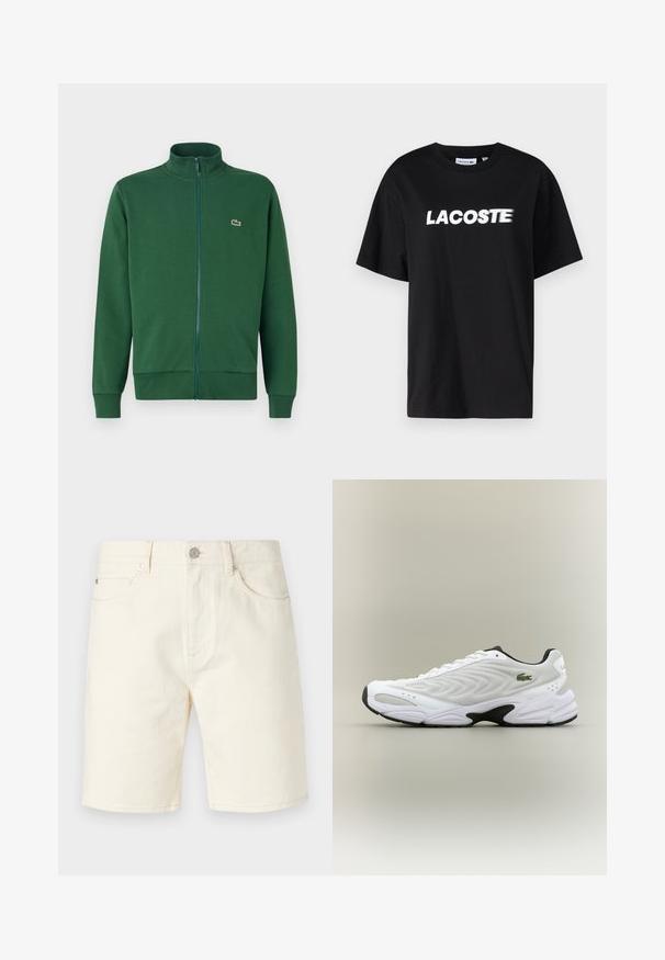 Grønne zip-up jakke lavet af blødt stof, med høj krave og ribbede manchetter. Lacoste-logoet vises på venstre brystområde.; Sort bomulds t-shirt med et hvidt trykt "LACOSTE" logo på forsiden. Korte ærmer og rund halsudskæring. Klassisk afslappet pasform.; Lys beige denim shorts med klassisk skæring, der har frontendepoker, bæltesløjfer og knaplukning. Glat tekstur med ensfarvet farve.; Hvide atletiske sko med tekstureret mesh-overdel, buet design og kontrasterende sort ydersål. Har en grøn broderet logo på siden.
