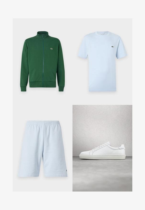 Grüne Reißverschlussjacke aus weichem Stoff, mit hohem Kragen und gerippten Bündchen. Lacoste-Logo auf der linken Brustseite.; Helles blaues T-Shirt mit kurzen Ärmeln aus weichem Baumwollmaterial. Verfügt über ein kleines grünes gesticktes Krokodil-Logo auf der Brust.; Helle blaue Baumwollshorts mit elastischem Bund. Einfaches, einfarbiges Design und offener Saum. Logo-Verzierung am unteren Saum.; Weißer Sneaker mit glattem Lederobermaterial und niedrigem Profil. Verfügt über eine runde Zehenpartie, sechs Ösen und eine strukturierte Gummisohle.