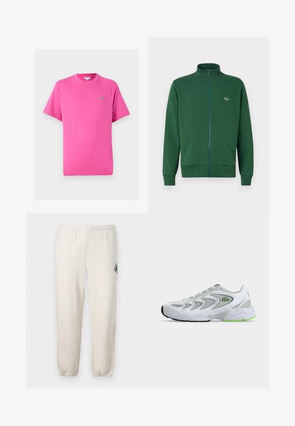 Grüne Reißverschlussjacke aus weichem Stoff, mit hohem Kragen und gerippten Bündchen. Lacoste-Logo auf der linken Brustseite.; Kurzärmliges T-Shirt aus leuchtend pinkem Baumwollstoff, mit Rundhalsausschnitt und einem kleinen grünen Krokodil-Logo auf der linken Brust.; Helle beige Sweatpants aus Baumwolle mit einem elastischen Bund, gerippten Bündchen und einem grünen Logo mit Blattdesign am linken Bein.; Weißer und grauer Sportschuh mit grünen Akzenten und Logo, Mesh-Einsätzen und einer dicken, gepolsterten Sohle, seitlich auf einfachem Hintergrund dargestellt.