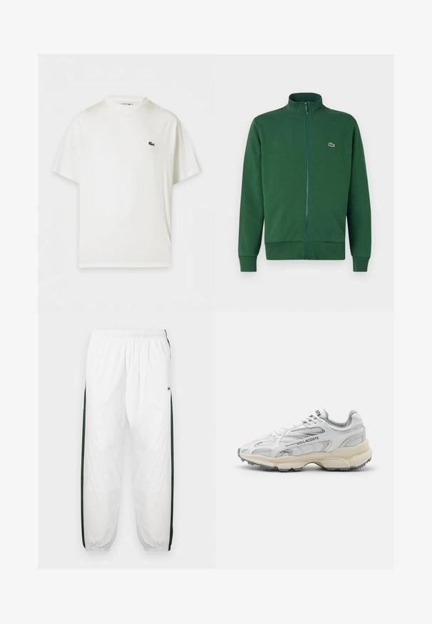 Grüne Reißverschlussjacke aus weichem Stoff, mit hohem Kragen und gerippten Bündchen. Lacoste-Logo auf der linken Brustseite.; Weißes T-Shirt mit kurzen Ärmeln und Rundhalsausschnitt mit kleinem grünem Krokodil-Logo auf der linken Brust.; Weiße Trainingshose mit dunkelgrünen Seiteneinsätzen. Leichtes Material, elastischer Bund und gerippte Säume. Mit Netzstruktur an den Seiteneinsätzen.; Weiße Sportschuhe mit grauen Akzenten, Obermaterial aus Mesh und Synthetik, Schnürdesign und rutschfester Gummisohle mit Strukturmustern.