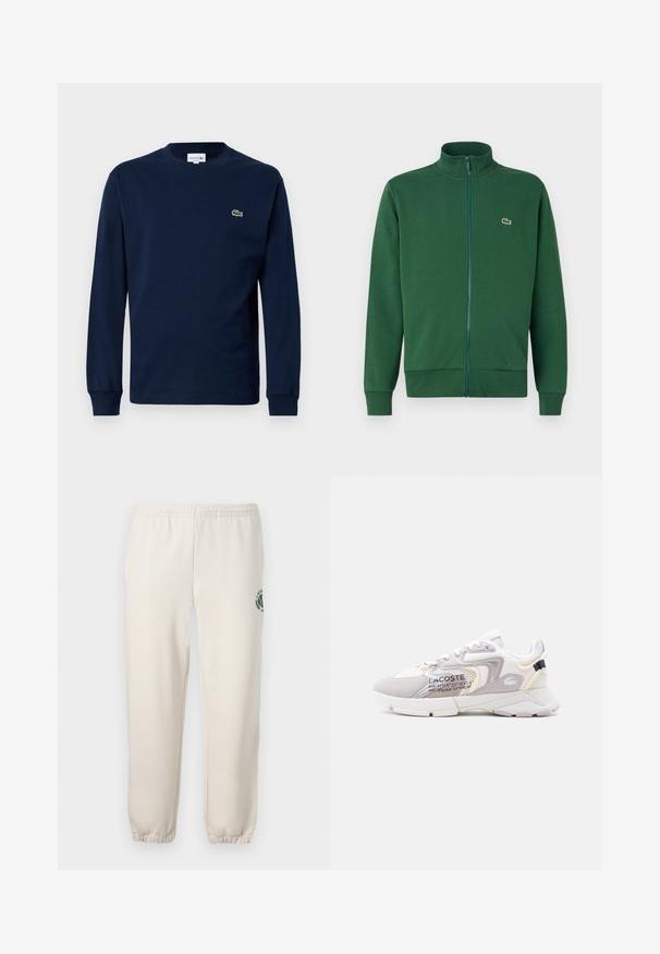 Roheline tõmblukuga jakker, mis on valmistatud pehmest kangast, kõrge krae ja soonikkoes varrukateotsadega. Lacoste logo on nähtav vasakul rindkere piirkonnas.; Tumesinine pika varrukatega T-särk, mis on valmistatud puuvillast, ümaralise kaelusega ja väikese rohelise krokodilli logoga vasakul rinnal.; Heledadbežased püksid, mis on valmistatud puuvillast, varustatud elastse vöökohtaga, soonikute lõpetustega ja vasakul jalal on roheline logo lehe kujundusega.; Valge ja helehall Lacoste toss, millel on võrkkangast paneelid, seemisnahast detailid, paks tald ja külgedel trükitud koordinaadid.